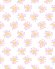 Cute Watercolor Floral Seamless Vector Pattern. Childish Drawing-like Abstract Garden. Pink Hand Painted Flowers on a White Background. Infantile Style Floral Endless Print. Girly Floral Pattern.