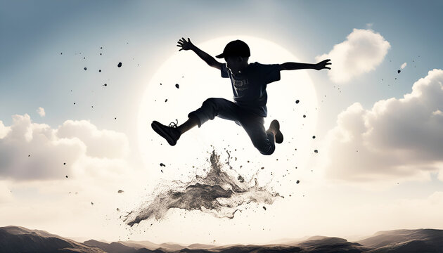 Silhouette eines aktiven springenden Jungen Heranwachsender Teenager voller Freude und Freiheit in Aktion vor einem Hintergrund aus Sonne und Himmel mit Wolken