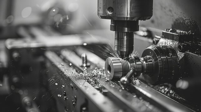 Precision and Craftsmanship, A machine shop bustling with activity, where skilled machinists operate lathes, mills, and grinders, shaping metal with precision and dedication.