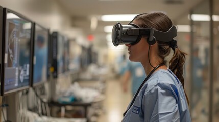 A healthcare worker in scrubs explores virtual environments, possibly for training or diagnostics.