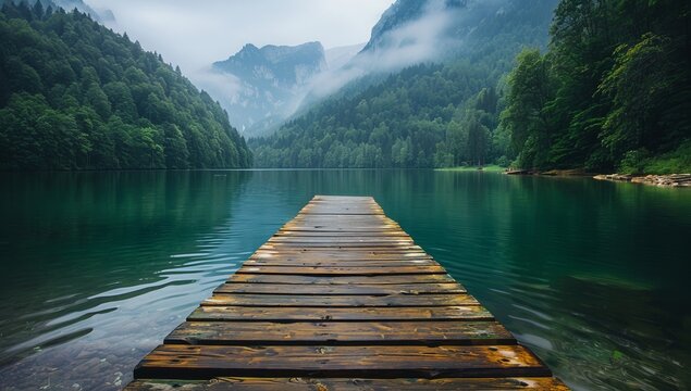Wooden pier on beautiful alpine lake in misty morning.