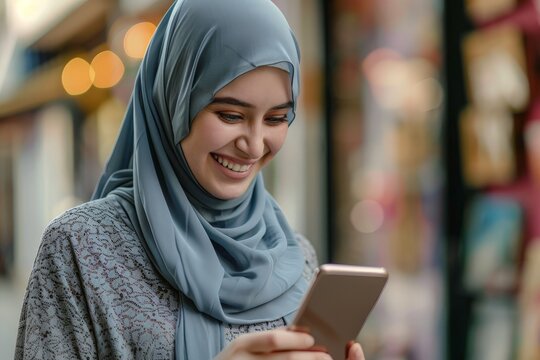 A smiling woman wearing a blue scarf is looking at her cell phone