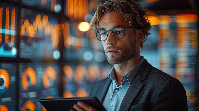 Businessman Presenting Business Report with Tablet and Big Screen Displaying Graphs and Charts