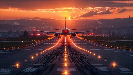 Airplane taking off from the runway at sunset - obrazy, fototapety, plakaty