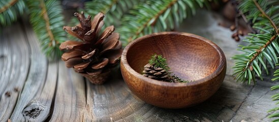 Obraz na płótnie Canvas A wooden bowl brimming with pine cones sits beside a single pine cone. The earthy aroma of the pine wood bowl enhances the natural elements in the scene.