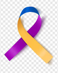 The blue, yellow and purple ribbon of the Bladder Cancer Awareness Month. Highlighted on a transparent background. Vector illustration - obrazy, fototapety, plakaty