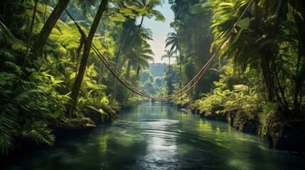 Palm Tropical jungle, Green Trees, river background.