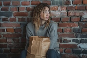 Fototapeta na wymiar A woman sits on a brick wall with a brown bag in her lap