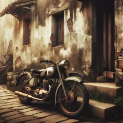 Keuken spatwand met foto Old vintage motorcycle stand next to decaying old wall  © robfolio