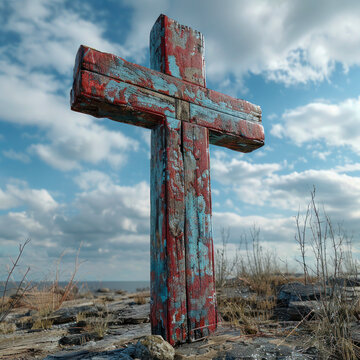 Weathered Painted Wooden Cross in Natural Landscape