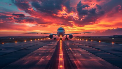 Airplane on the runway of the airport with a beautiful sunset.