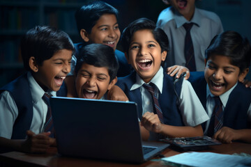 A group of smiling Indian school students using a laptop computer - obrazy, fototapety, plakaty
