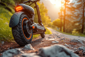 Electric scooter parked on a forest trail at sunset. - Powered by Adobe