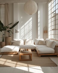 Interior of spacious japandi style living room in modern luxury residential house. Comfortable sofa, wooden coffee table, home decor, indoor plants, large window. Eco-style design.