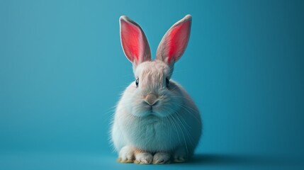 Obraz premium Easter white bunny with pink ears in studio on blue background with copy space