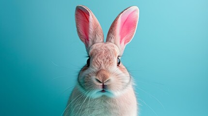 Obraz premium Easter white bunny with pink ears in studio on blue background with copy space