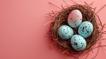 Obraz premium Easter holiday banner greeting card with pastel painted eggs in bird nest on paper pink backround