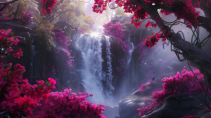 Obraz na płótnie Canvas waterfall in garden of colorful flowers