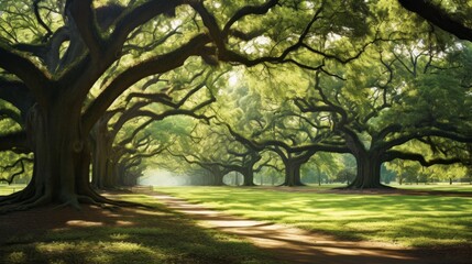 Beautiful Ancient perennial mighty old large oaks with curved trunks, branches and green leaves in the park on a sunny day.