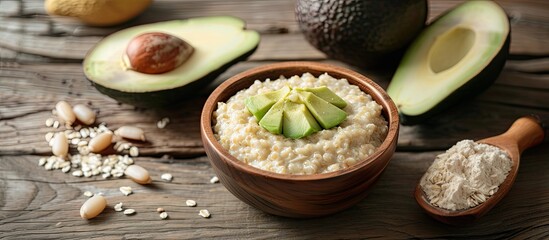 A wooden bowl filled with oatmeal sits next to a ripe avocado on a wooden table. The creamy oatmeal...