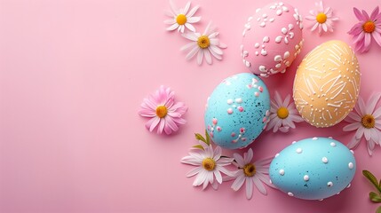 Easter pastel colored eggs with spring flowers on pink paper background, copy space, top view