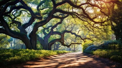 Beautiful Ancient perennial mighty old large oaks with curved trunks, branches and green leaves in the park on a sunny day with patterned shadows falling to the ground. - obrazy, fototapety, plakaty