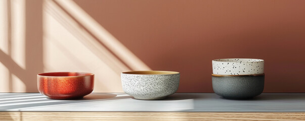 Fototapeta na wymiar Vibrant ceramic bowls and plates artistically arranged against a striking red background