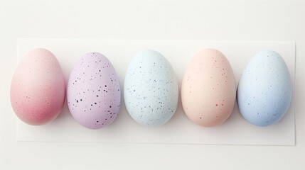 Happy Easter holiday background with colorful pastel eggs on white paper, top view