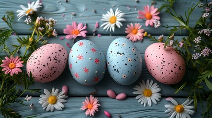 Obraz na płótnie Canvas Easter pastel eggs with spring flowers on pastel wooden blue background with copy space, top view