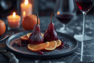 poached pears in red wine lie with tangerine slices on a dark plate on a marble table, the background is blurred, the light from the candles is visible, glass filled with red wine. French dessert.  - obrazy, fototapety, plakaty