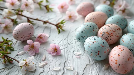 Easter pastel eggs with spring flowers on pastel wooden blue background with copy space, top view