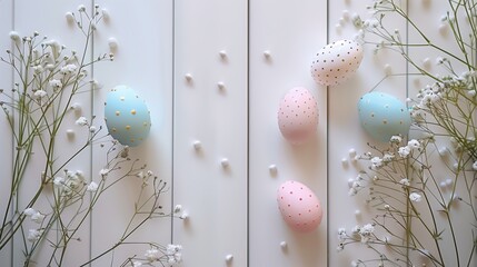 Easter pastel eggs with spring flowers on pastel wooden white background with copy space, top view
