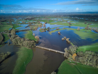 aerial view of flooding on the River Severn in rural Shropshire, UK
