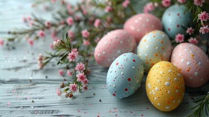 Obraz premium Easter pastel eggs with spring flowers on pastel wooden blue background with copy space, top view