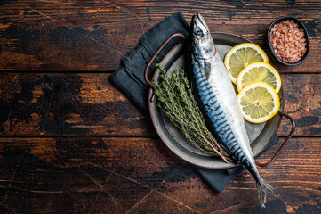 Uncooked mackerel fish, raw scomber with herbs. Wooden background. Top view. Copy space