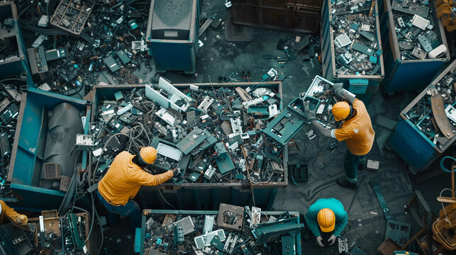 
Workers sorting and processing electronic waste at a recycling facility equipped with advanced separation and recycling technologies.