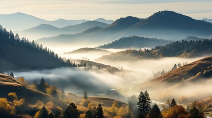 Mountain Autumn Landscape with Fog.