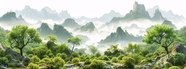 a landscape of mountains and trees