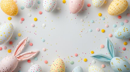 Easter flat lay composition. Bunny ears and Easter eggs on a white background top view