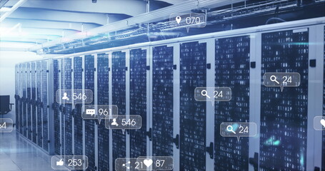 Image of social media icons and numbers on banners over tech room with computer servers