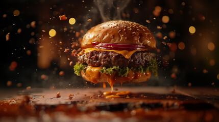 Flying hamburger with spread ingredients, fast food concept