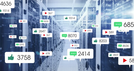 Image of social media icons and numbers on banners over computer servers