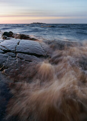 Strong wind pushing waves to the shore on an autumn day, Bothnian Bay, Baltic Sea, Finland