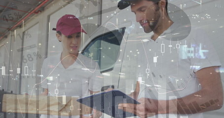 Image of statistics processing over delivery man with cardboard boxes