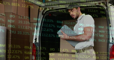 Image of financial data processing over delivery man holding clipboard outside of warehouse