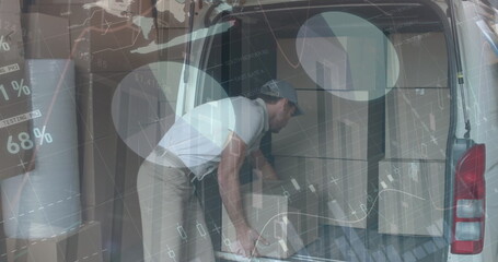 Image of financial data processing over delivery man loading up car outside of warehouse