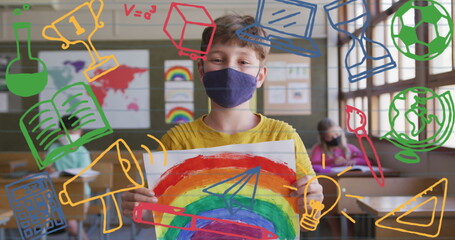 Image of school items icons moving over schoolboy wearing face mask