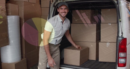 Image of financial data processing over delivery man loading up car outside of warehouse