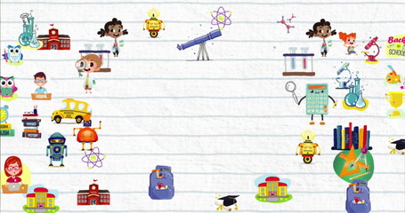Digital image of multiple school concept icons against white lined paper