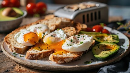 delightful breakfast scene with a toaster at work on slices of Italian ciabatta bread, complemented by poached eggs and avocado - obrazy, fototapety, plakaty